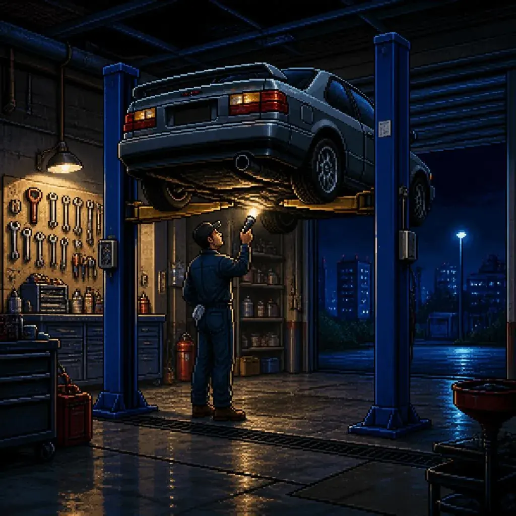 Pixel-art night-time garage inspection bay