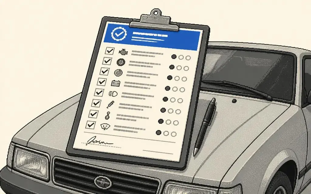 Pixel-art VehicleFaults inspection checklist on a clipboard resting on a car bonnet