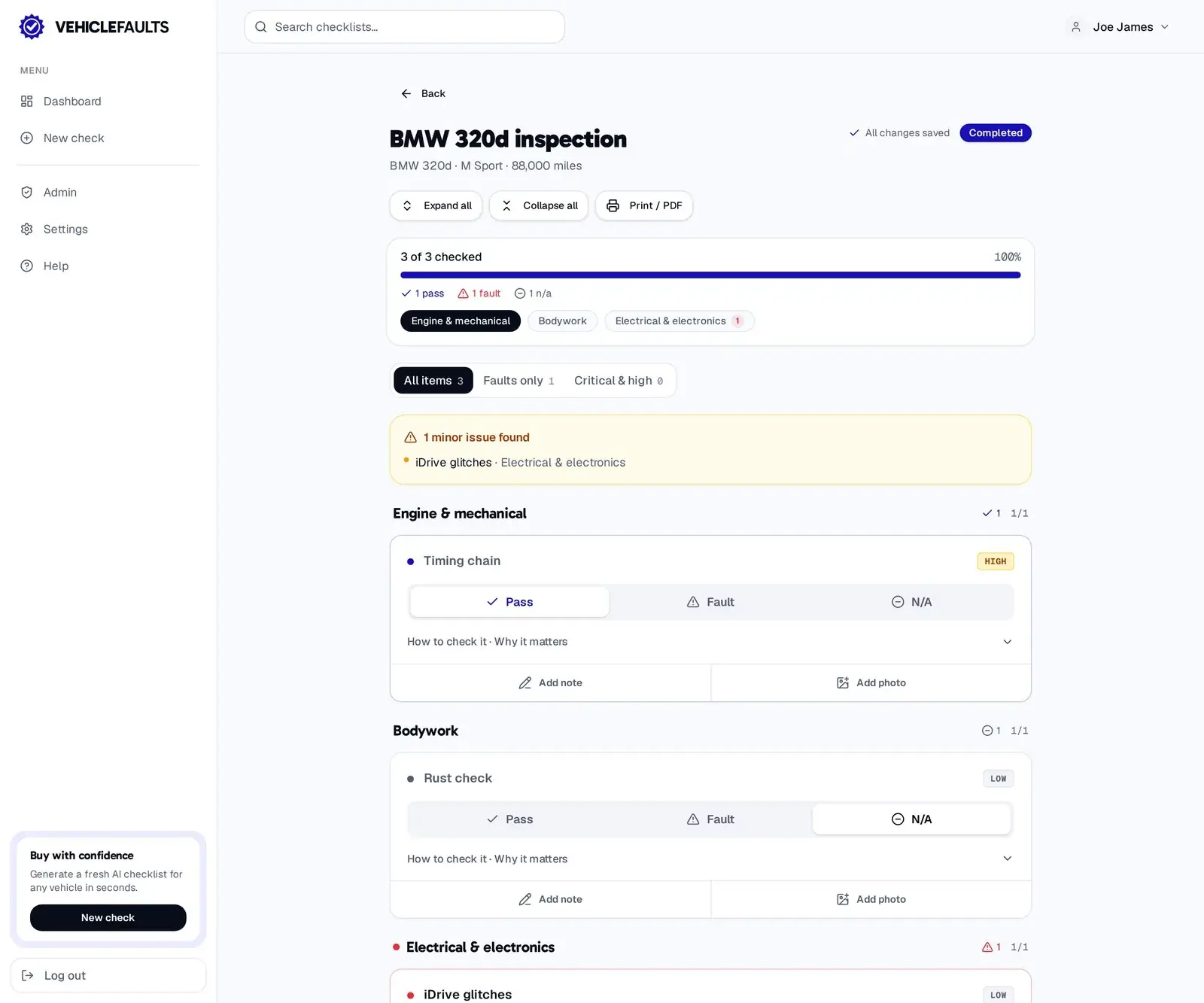 A model-specific AI fault checklist in VehicleFaults