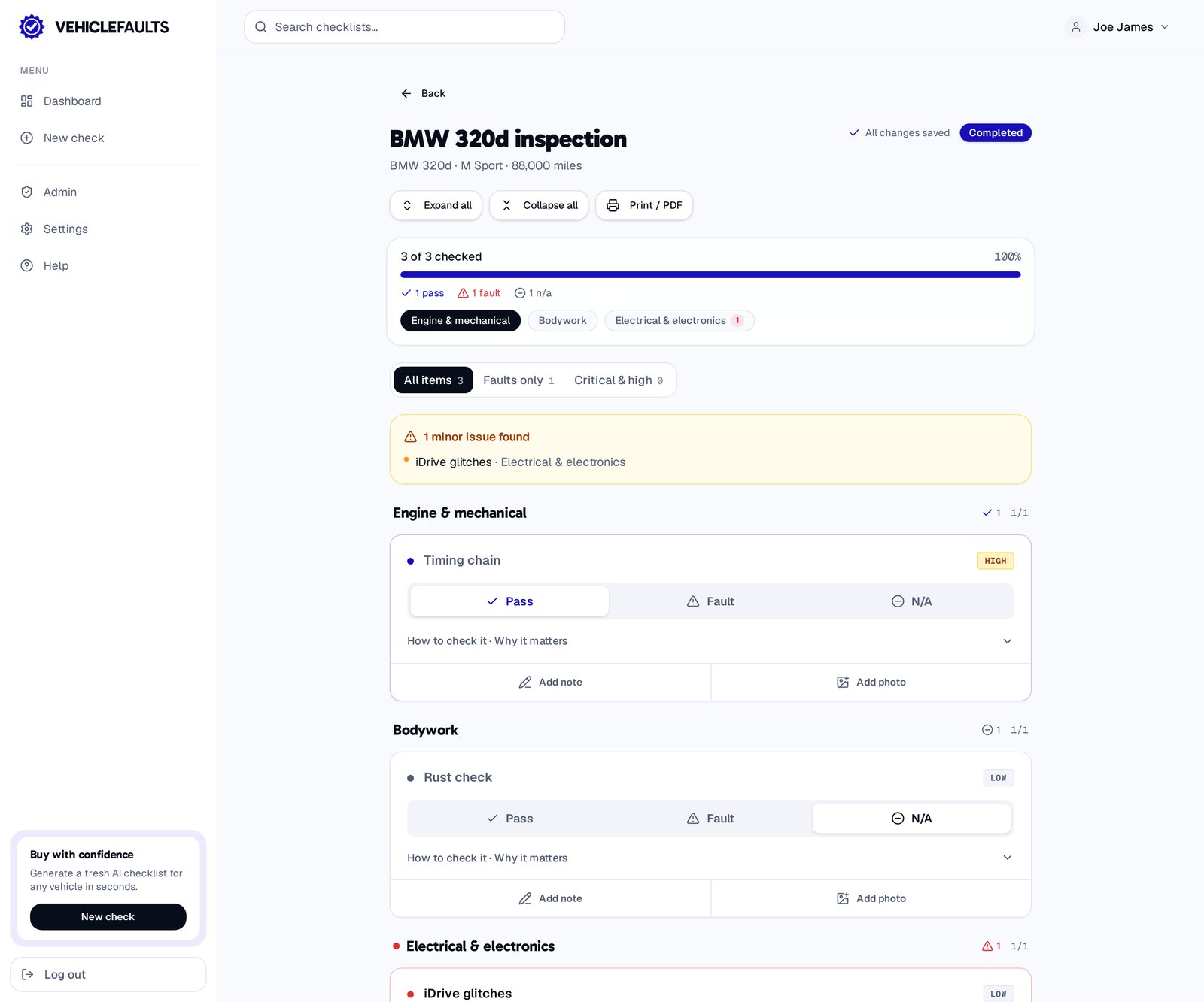 A model-specific AI fault checklist in VehicleFaults