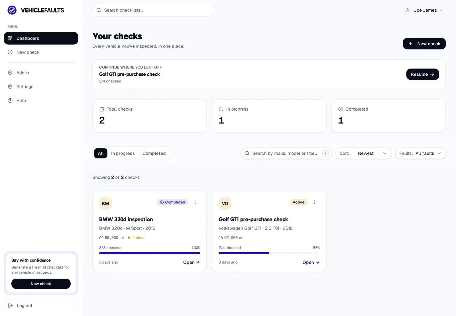 The VehicleFaults dashboard of saved vehicle checks