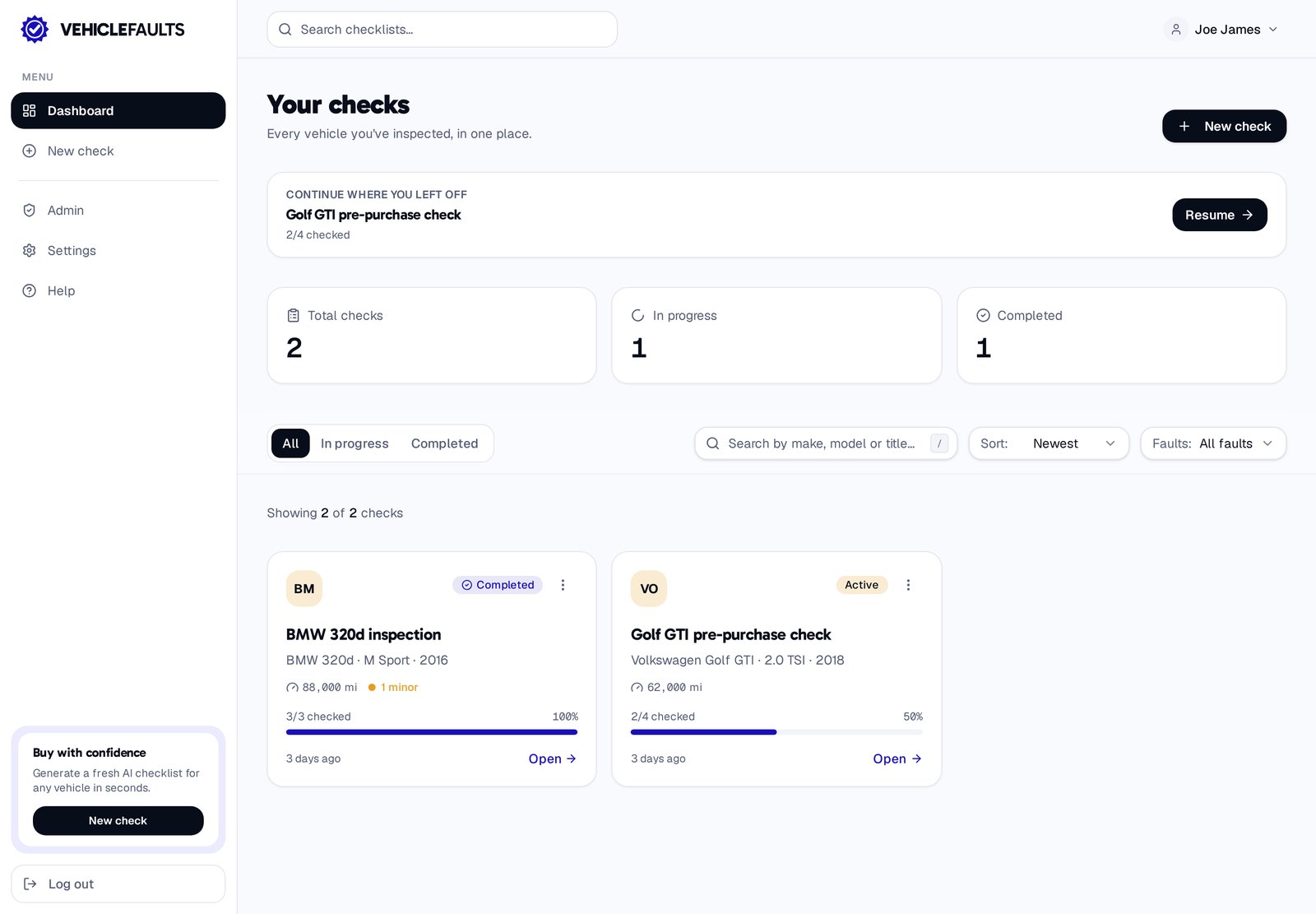 The VehicleFaults dashboard of saved vehicle checks